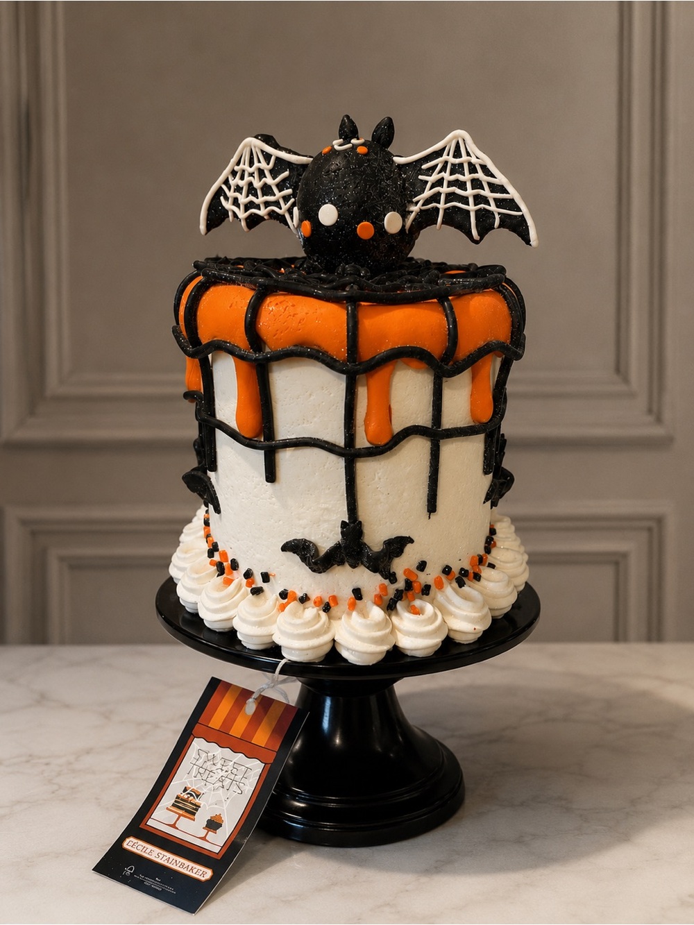 Sweet Treats Large Faux Halloween Bat Cake - Orange & Black NWT